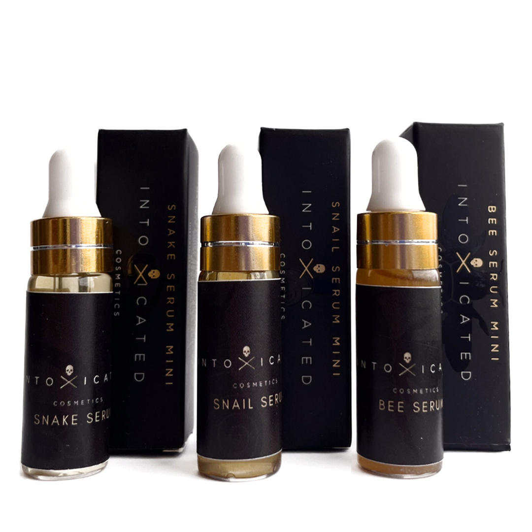 Multiple Mini Bee Venom Serum bottles by Intoxicated Cosmetics - anti-aging skincare products